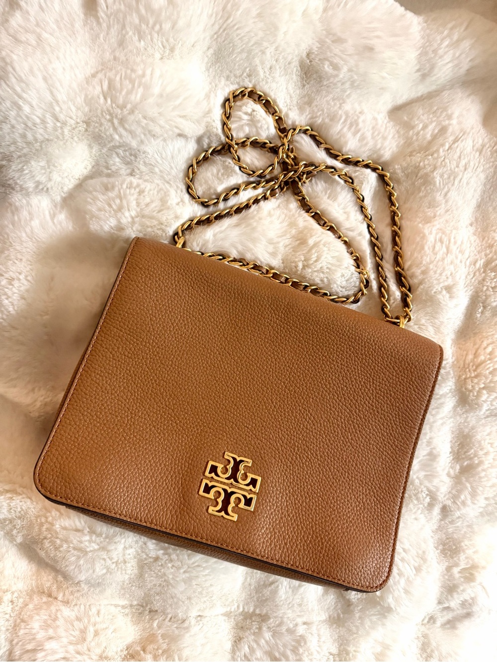 Tory Burch Caramel Tan Leather Crossbody with Gold Chain